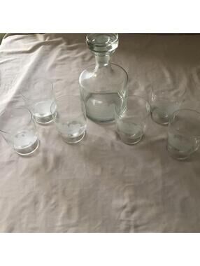 Vintage Sailor Nautical Crystal Decanter, 6 Cocktail Glass Set Etched Tall Ships
